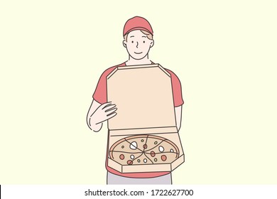 Pizza, Online Order, Home Food Delivery Concept. Young Happy Smiling Man Boy Courier Cartoon Character Standing With Pizza Cutting On Slices. Fast Supply Service, Ordering Takeout Or Food At Home.