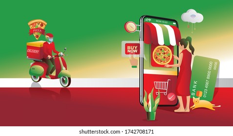 Pizza, online order, home food delivery concept. man and woman standing with smartphone pizza boxes. Staying at home, Fast delivery service, ordering takeout or food at home, electronic online payment