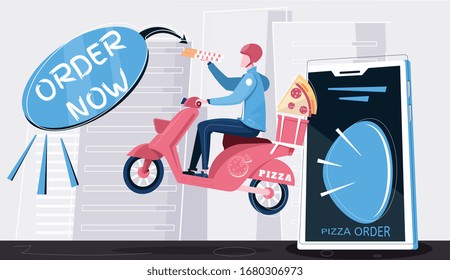 Pizza online order horizontal composition Courier delivery male character riding scooter flat  vector illustration 