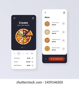 Pizza online shop mobile vector screens. Concept of ui webdesign, responsive website, flat application template. 