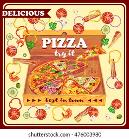 Pizza in open box design with vegetables seafood meat on beige background with red frame vector illustration
