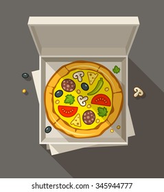 Pizza en caja abierta, ilustración vectorial. Objetos transparentes utilizados para dibujar luces y sombras.