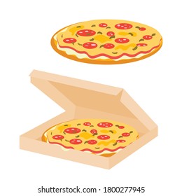 Pizza in an open box and pizza without a box on white background. Fast food concept. Delivery food concept. Vector illustration on white background.