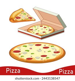 Pizza in an open cardboard box. Delivery. Whole pizza and slices. Flat style illustration.