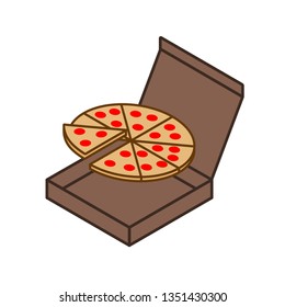 Pizza in an open cardboard box on a white background.Whole pizza and slice. isometric illustration. Delivery. 