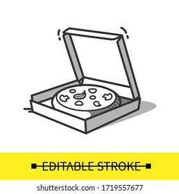 Pizza en la línea de la caja de entrega abierta icono.Pizza empaquetada.Lleve.Paquetes de comida rápida.Ilustración vectorial aislada.Acto editable
