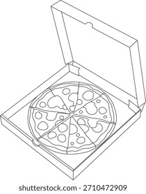 Pizza en la ilustración de arte de línea de contorno de caja de entrega abierta