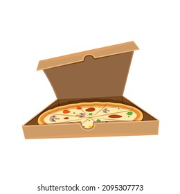 Pizza in the opened cardboard box. Delivery. Whole pizza and slices. Flat style illustration.