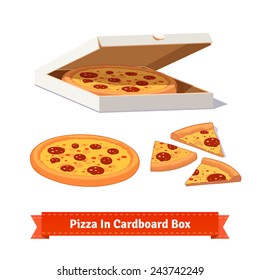 Pizza in the opened cardboard box. Delivery. Whole pizza and slices. Flat style illustration.
