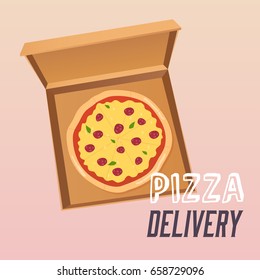 Pizza in the opened cardboard box. Delivery. Flat design style modern vector illustration.
