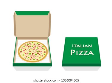 Pizza in opened and closed box on white, vector