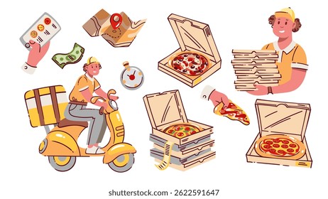 Pizza order and delivery cartoon set. Funny delivery man on scooter, boy delivering box stack, open package with pizza. Fast food shipping mascots, cartoon pizzeria collection vector illustration