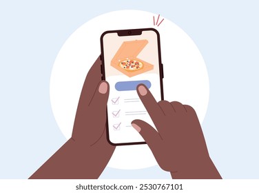 Pizza order in food delivery smartphone app. Hands holding phone and pay for meal. Smart lunch, family dinner booking. Modern lifestyle, vector concept