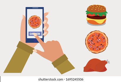 pizza order in mobile vector delivery app choosing pizaa hand holding