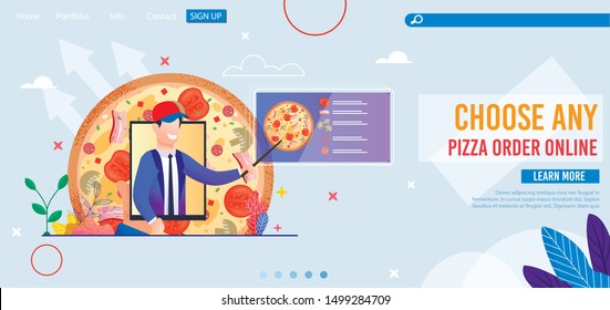Pizza Order Online Service with Ingredient Menu and Fast Delivery. Cartoon Man Advisor on Digital Screen Help Making Choice. Mobile Application. Ecommerce. Flat Landing Page. Vector Illustration