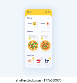 Pizza ordering app smartphone interface vector template. Mobile app page light theme design layout. Order and ingredients menu screen. Flat UI for application. Italian fast food on phone display