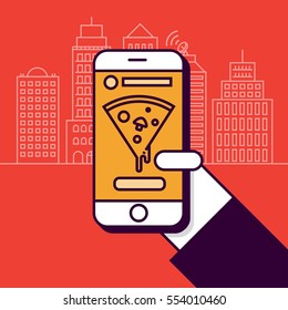 Pizza Ordering with Mobile Phone in Flat Linear Vector Style