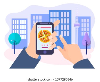 Pizza ordering via mobile application, the customer's hands holds the mobile phone with pizza on the screen on the city background. Vector illustration.