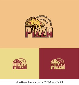 Pizza original recipe logo Vector Emblem isolated on white background in vintage pastel colors. Pizza logo template, sticker, label, emblem, badge Vector for cafe, restaurant or food delivery service.