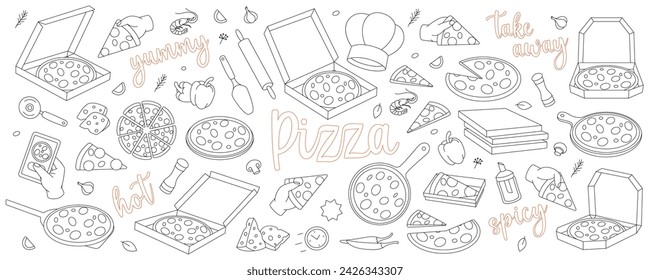 Pizza outline set. Traditional italian fast food. Restaurant cafe menu. Whole and pieces italian pizza. Vector illustration.