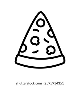 Pizza outlined icon isolated on white background. Pizza vector with pepperoni, mushroom, and paprika toppings. Food vector illustrations.