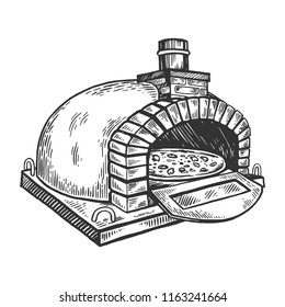 pizza oven engraving vector illustration. Scratch board style imitation. Black and white hand drawn image.