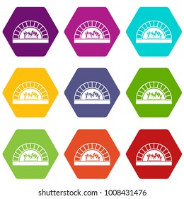 Pizza oven with fire icon set many color hexahedron isolated on white vector illustration