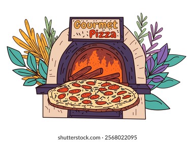 Pizza oven with gourmet theme showing a wood-fired oven with a pizza and decorative leaves. Colorful design perfect for food-related projects