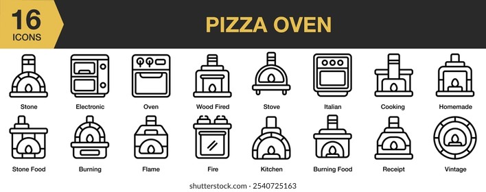 Pizzaofen-Ikonensatz. Beinhaltet Backofen, Steinkost, elektronisch, Holzheizung, Herd, Italienisch, Küche und mehr. Gliederungssymbole, Vektorsammlung.