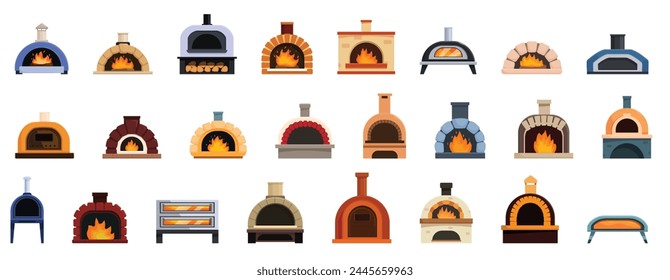 Pizza oven icons set cartoon vector. Italian restaurant. Traditional process