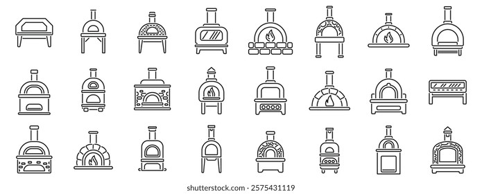 Pizza oven icons set. Collection of pizza oven icons representing various models and designs, ideal for projects related to cooking, baking, and pizzeria equipment