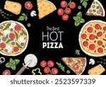 Pizza packaging design. Hand drawn set of pizza. Italian pizza design template. Vector illustration