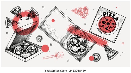 Pizza in paper box in collage style. Hand-drawn vector illustration. Vintage fast food sketch. Food delivery design element. Take away box package. Italian cuisine menu
