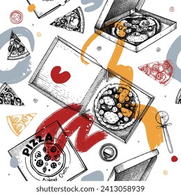 Pizza in paper box in collage style. Hand-drawn vector illustration. Fast food background. Takeaway food, delivery service. Italian cuisine sketch seamless pattern