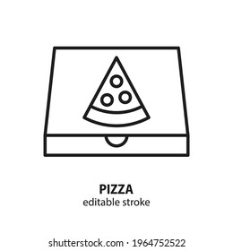 Pizza in paper box vector icon. Take away concept. Delivery symbol. Editable stroke.