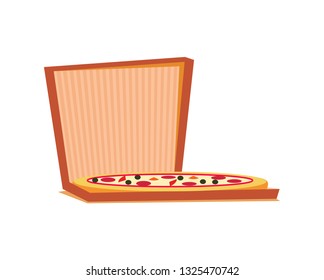 Pizza in paper disposable box, round baked dough with salami, cheese and tomatoes. Fast rustic cooking dish with meat, vegetables and mozzarella vector