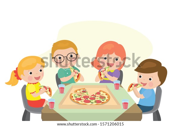 ピザパーティーのバナー 伝統的なイタリア料理を食べる カフカスの子どもたち 子供はピザを手に持つ 平らなベクター画像イラスト のベクター画像素材 ロイヤリティフリー
