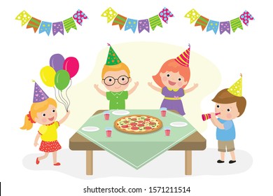 Pizza Party Banner. Happy Birthday Card. Cartoon Caucasian Children Celebrate. Traditional Italian Food On Table. Kids With Hats And Balloons. Flat Vector Illustration