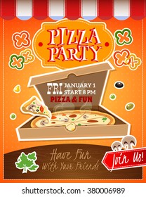 Pizza Party Cartoon Advertising Poster With Date And Time Vector Illustration 