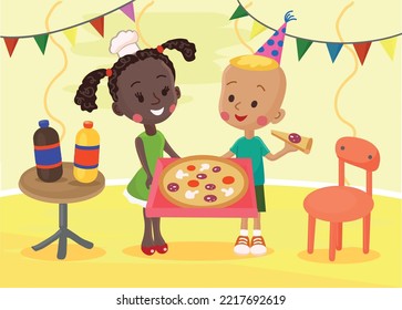 Pizza party children vector illustration