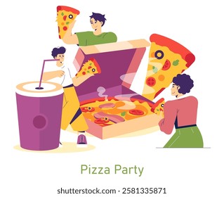 Pizza Party concept. A lively gathering featuring friends enjoying delicious pizza together. Highlights include a large pizza box overflowing with various toppings and cheerful participants sharing