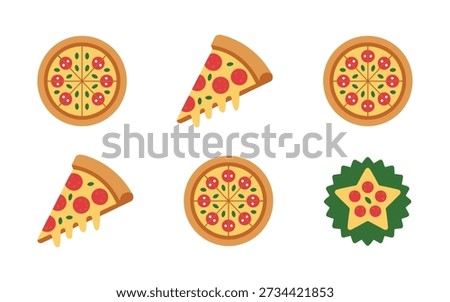 Pizza party icons, assorted slices and whole pies, cheese pepperoni veggie toppings, fast food festival graphic, restaurant menu design