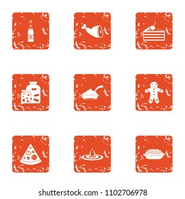 Pizza party icons set. Grunge set of 9 pizza party vector icons for web isolated on white background