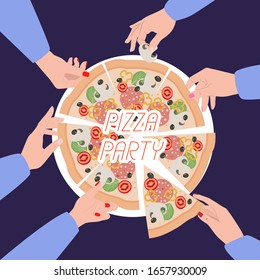 Pizza party illustration poster. Hands from different sides take a piece of pizza. Editable vector illustration.