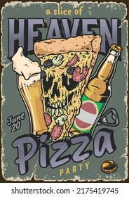 Pizza Party Poster Colorful Vintage Snacks And Beer For Youth Hangout Or Grunge Style Fraternity Initiation Vector Illustration