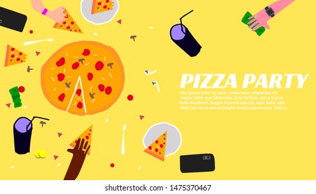 Pizza party poster. Eating pizza vector illustration. Vector banner for fast food. Thin line flat design. 