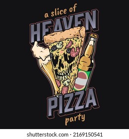 Pizza party poster vintage colorful relaxation with alcohol and snack heaven pizza slice near bottle of beer vector illustration