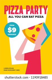 Pizza Party Template. Hungry Boy/Guy/Man Eating Pizza with Hands. Flat Vector Illustration of Pizza and People.