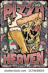 Pizza Party Vintage Flyer Colorful Student Vacation With Beer And Italian Heaven Fast Food With Halloween Style Face Vector Illustration