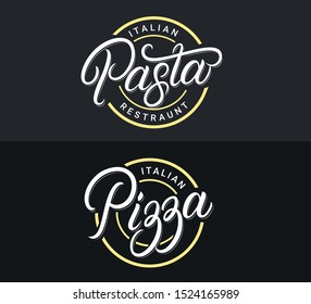 Logo escrito a mano Pizza y Pasta, etiqueta, placa, signo, emblema de conjunto de plantillas. Plantillas para restaurante italiano, cafetería, restaurante y pizzería. Estilo retro vintage. Ilustración vectorial.